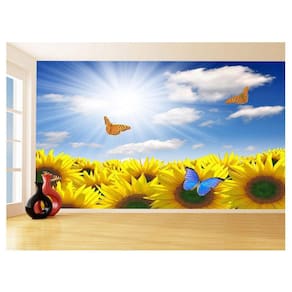 Papel De Parede 3D Céu Azul Girassol Borboleta 3,5M Nsk108
