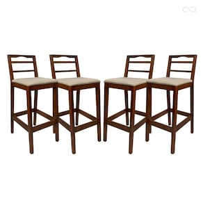 Kit 4 Banquetas para Bancada Alta de Madeira Grécia Castanho Linho Bege CCS