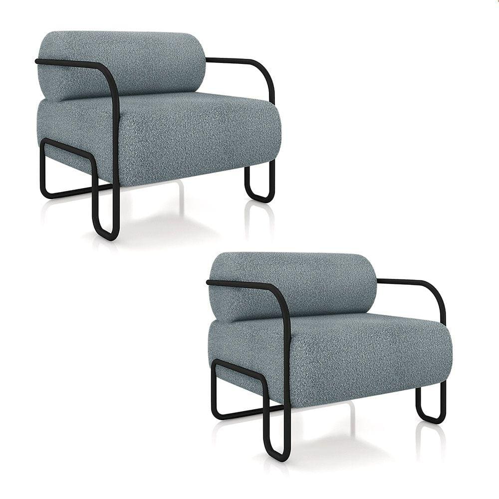 Poltrona Sala de Estar Industrial Preto Kit 2 Ameli Bouclê Azul K01 - D`Rossi
