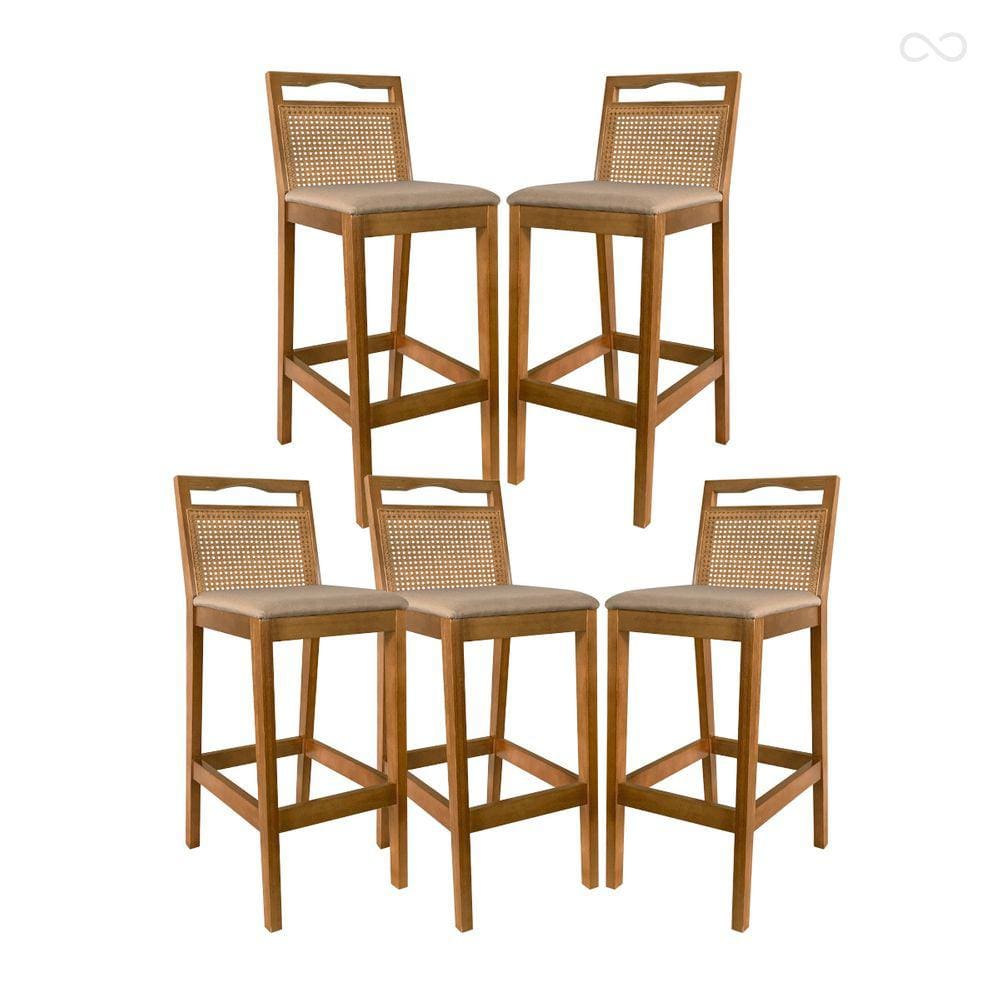 Kit 5 Banqueta Alta de Madeira Estofada Valência Rattan Amêndoa Linho Bege CCS