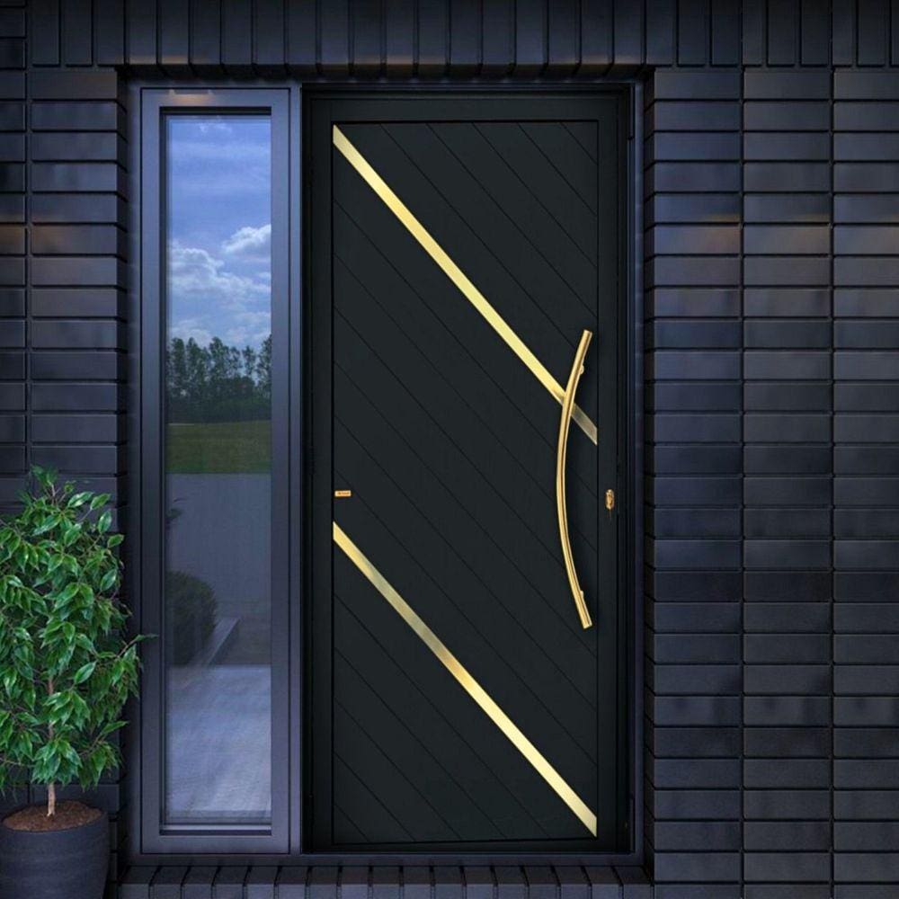 Porta de Aluminio Pivotante Lambril 210x120cm com Puxador Super Duna Brimak Marrom Corten Dourado