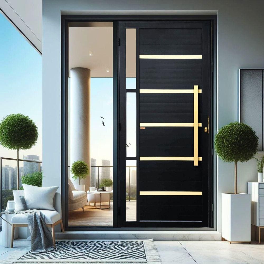 Porta de Aluminio Pivotante Lambril 210x120cm com Puxador Super Miraggio Brimak Preto Dourado