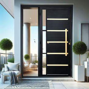 Porta de Aluminio Pivotante Lambril 210x100cm com Puxador Super Miraggio Brimak Preto Dourado