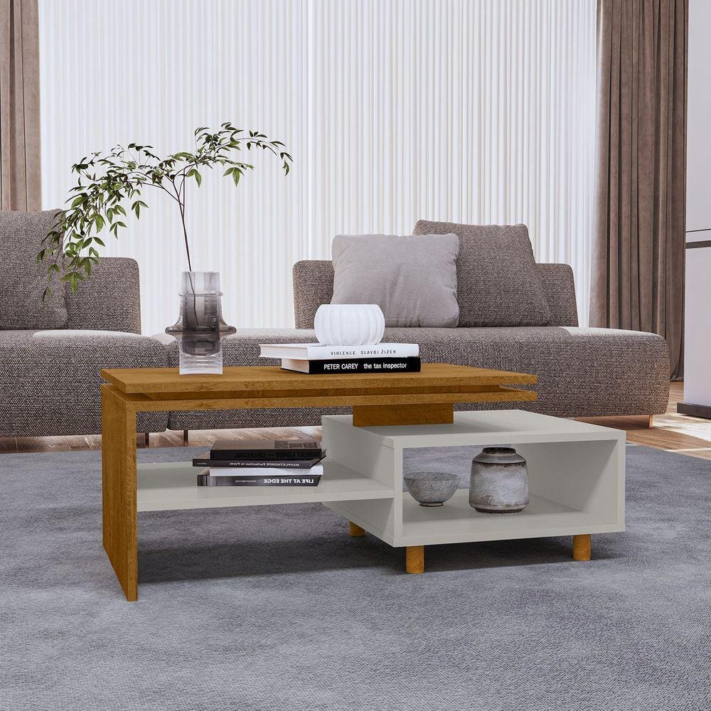Mesa de Centro Decorativa Lima Tampo Duplo Design Moderno Naturalle/Off-White