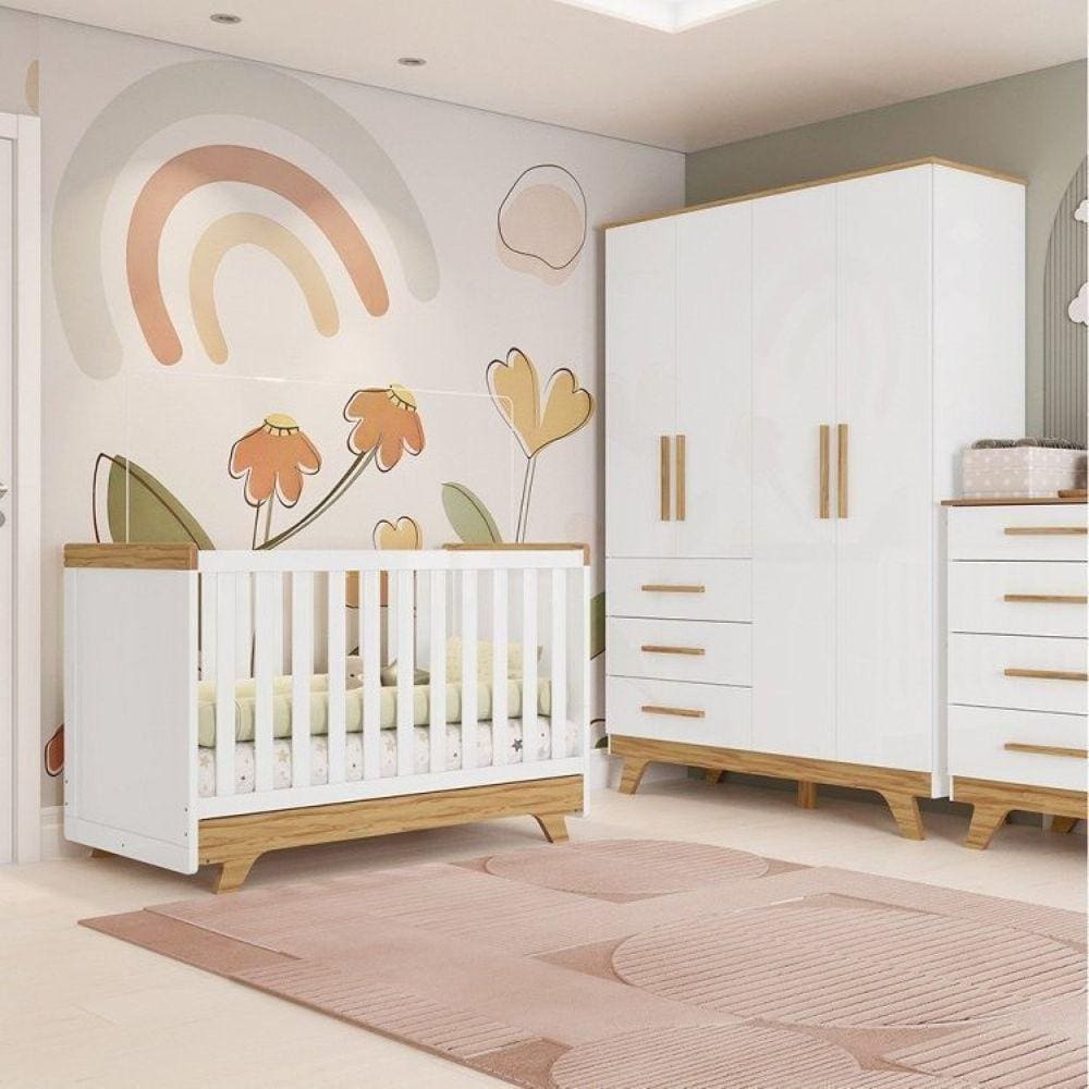 Conjunto Quarto de Bebê com Guarda Roupa e Berço Kakau Retrô Espresso Móveis Branco Brilho/Amêndoa