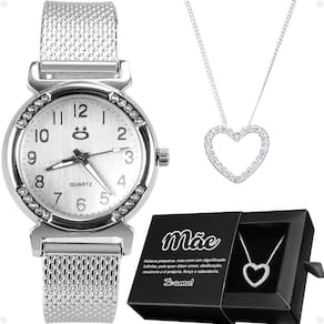 Relógio feminino aço inox prata caixa colar coração mãe inoxidável moda social presente casual