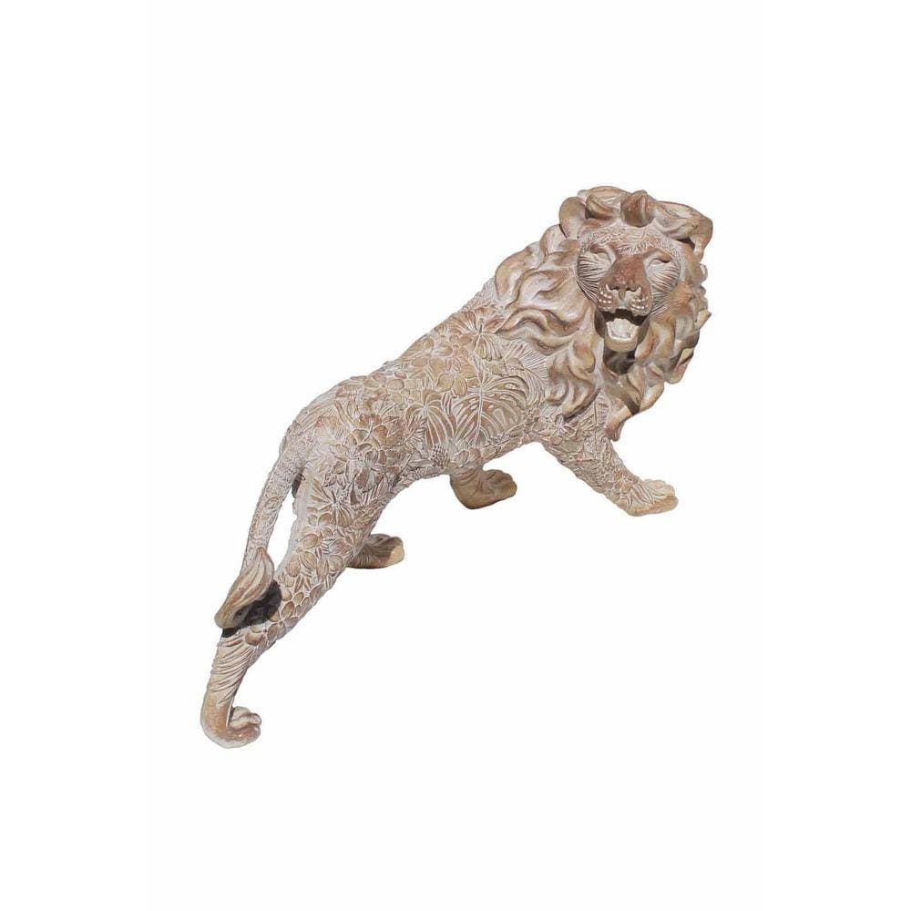 Estátua Leão Decorativo Em Resina Bege Com Desenho Floral