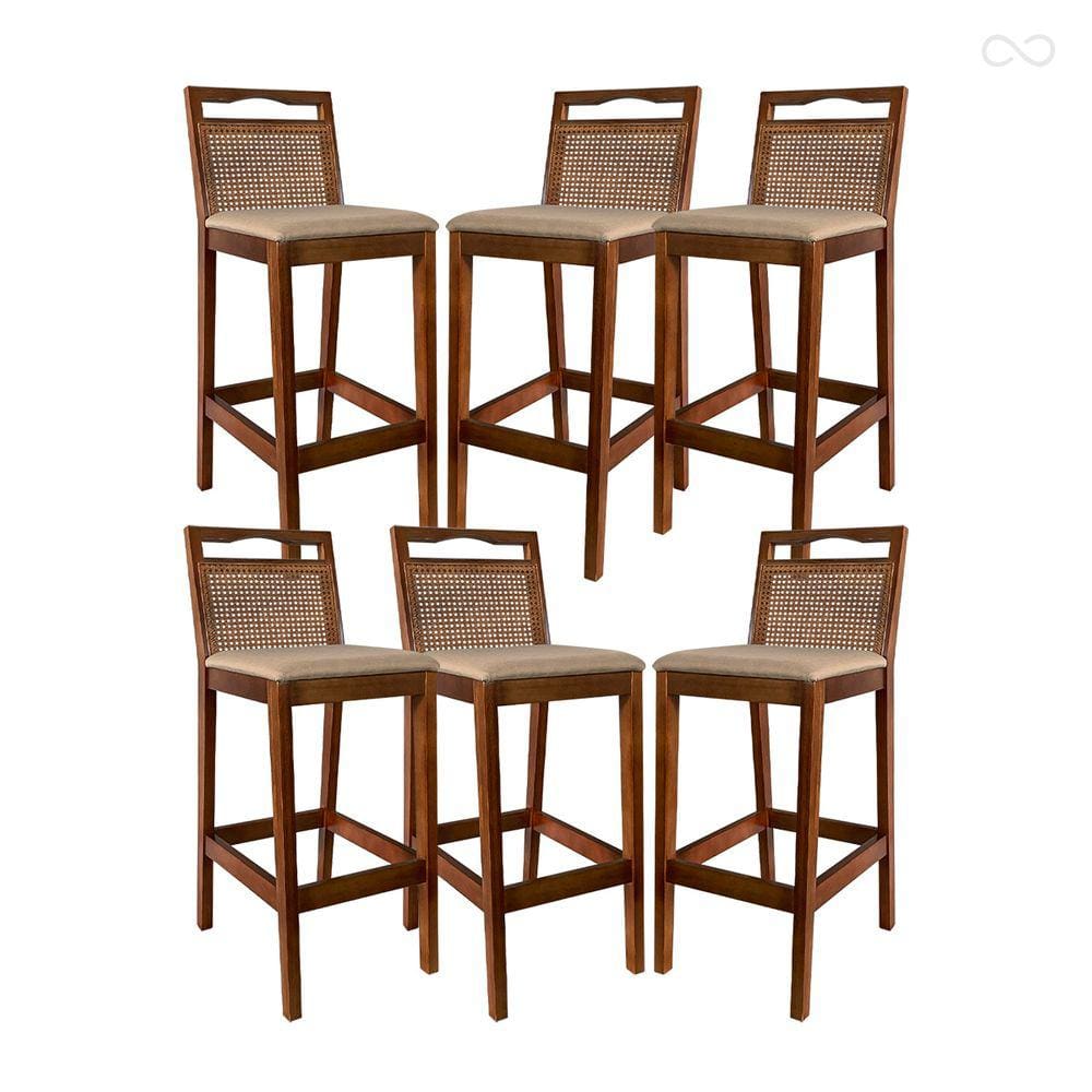 Kit 6 Banquetas para Bancada Alta de Madeira Valência Rattan Castanho Linho Bege CCS