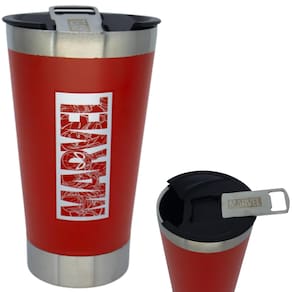 Copo Térmico Logo Marvel Gelado E Quente 500ml Vermelho Com Tampa E Abridor De Garrafas Oficial Disney