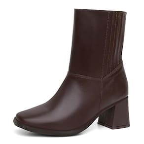 Bota Feminina Couro Cano Médio Zíper Lateral Salto Grosso