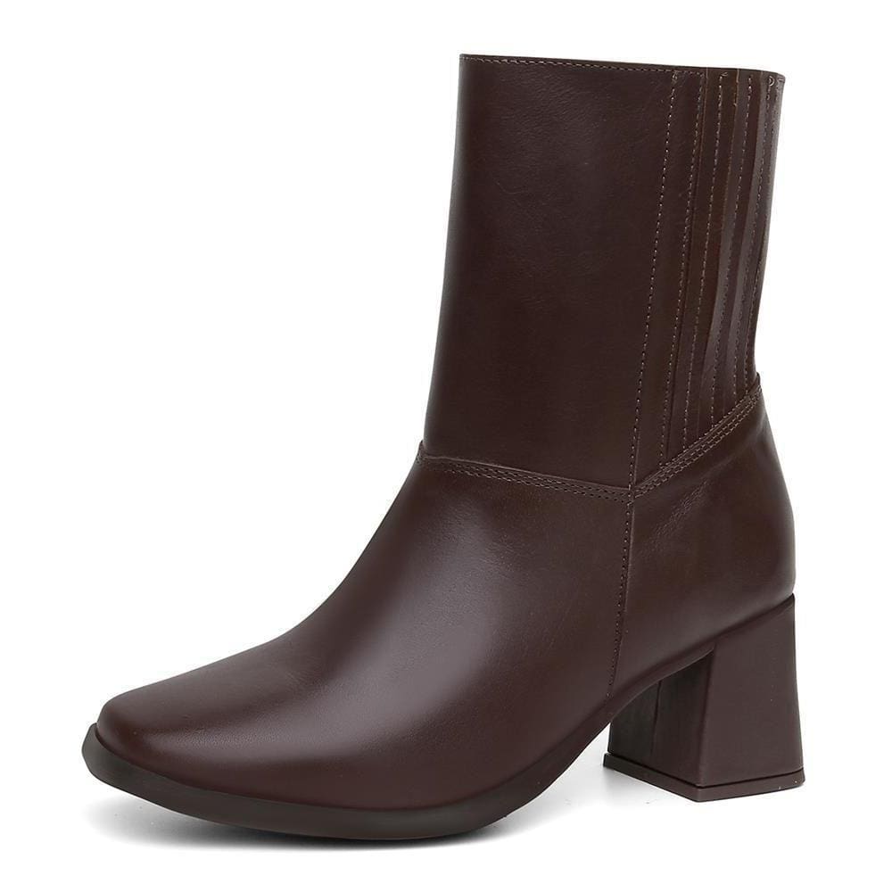 Bota Feminina Couro Cano Médio Zíper Lateral Salto Grosso
