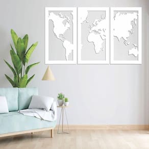 Quadro Decoração Vazado Mapa Mundi Mdf 6Mm Branco 200X120 Cm