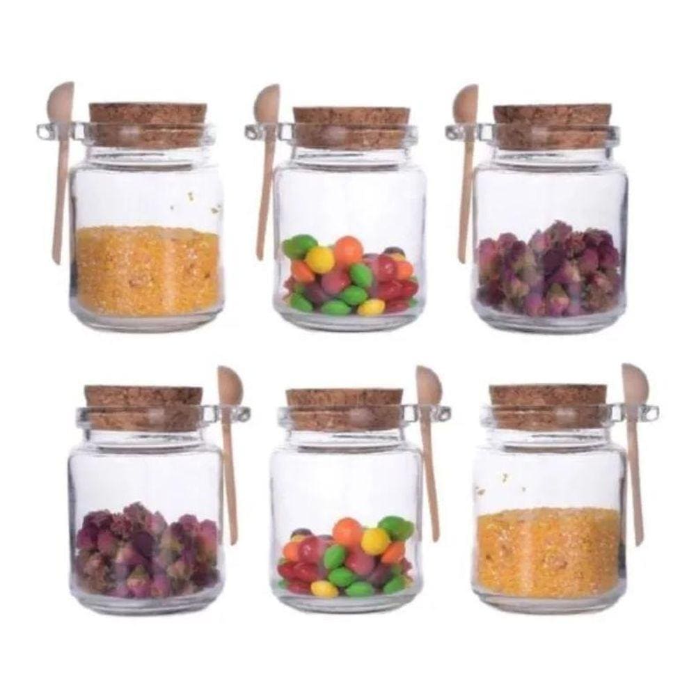 Kit 5 Potes De Vidro Com Tampa Rolha E Colher Madeira 250Ml