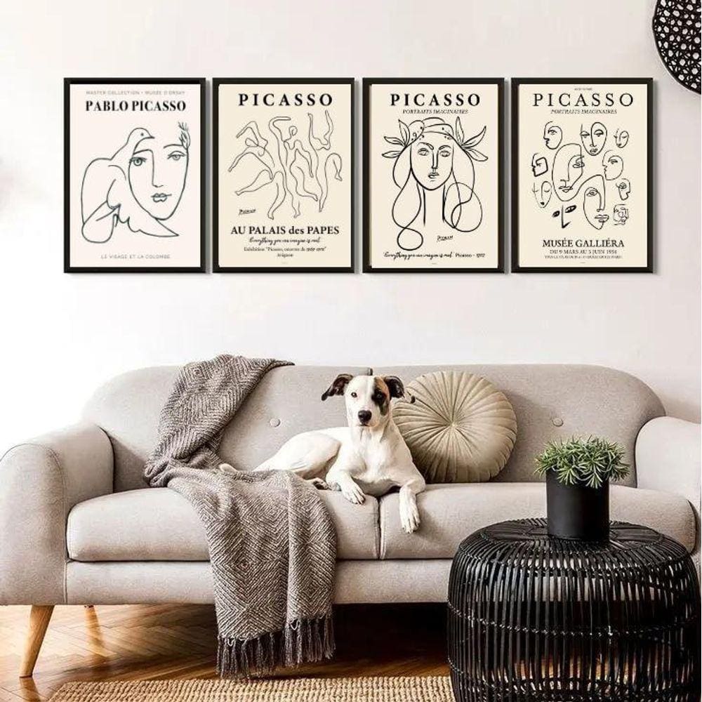 Kit 4 Quadros Minimalistas Obras De Picasso 45X34Cm - Vidro