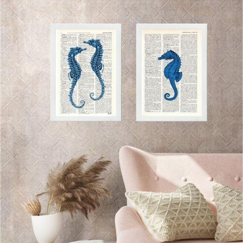 Kit 2 Quadros Casa De Praia Cavalos Marinhos 33X24Cm