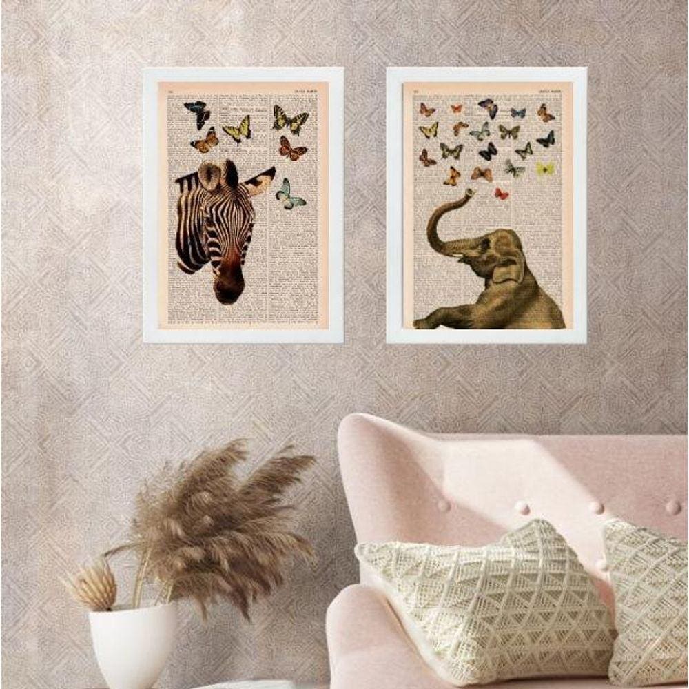 Kit 2 Quadros Zebra E Elefante Com Borboletas 24X18Cm