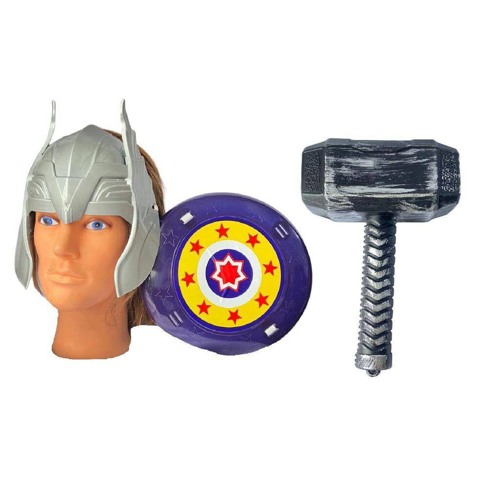 Kit Defensor Medieval Com Escudo, Máscara Prata E Martelo