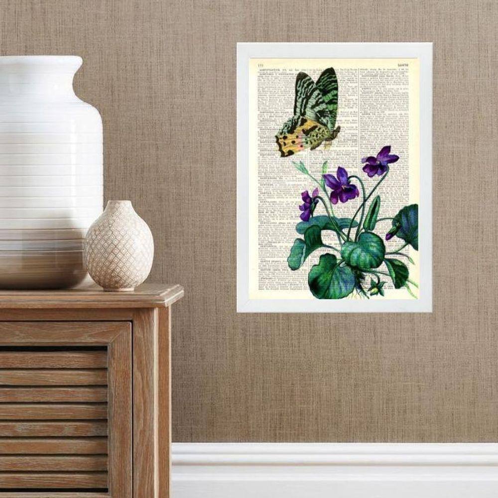 Quadro Borboleta Com Flores - Vintage 33X24Cm - Com Vidro