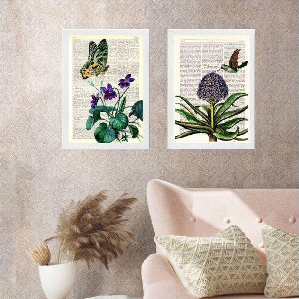 Kit 2 Quadros Beija-Flor E Borboleta Vintage 33X24Cm - Vidro