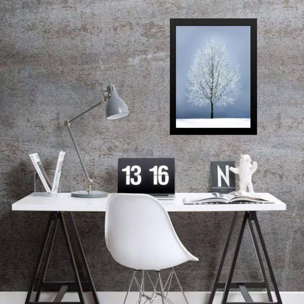 Quadro Fotografia Árvore Neve- Cinza E Branco 24X18Cm