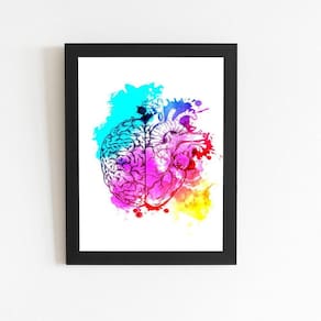 Cérebro E Coração Aquarela Quadro Moldura Preta 60X40Cm