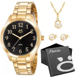 Relogio Feminino Dourado Aço Inox + Colar + Brincos + Caixa