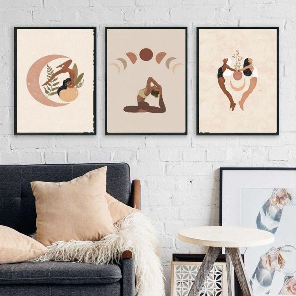 Kit 3 Quadros Decorativos Yoga Boho 45X34Cm - Com Vidro