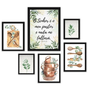 Composição 6 Quadros Cozinha - Folhas - Com Vidro