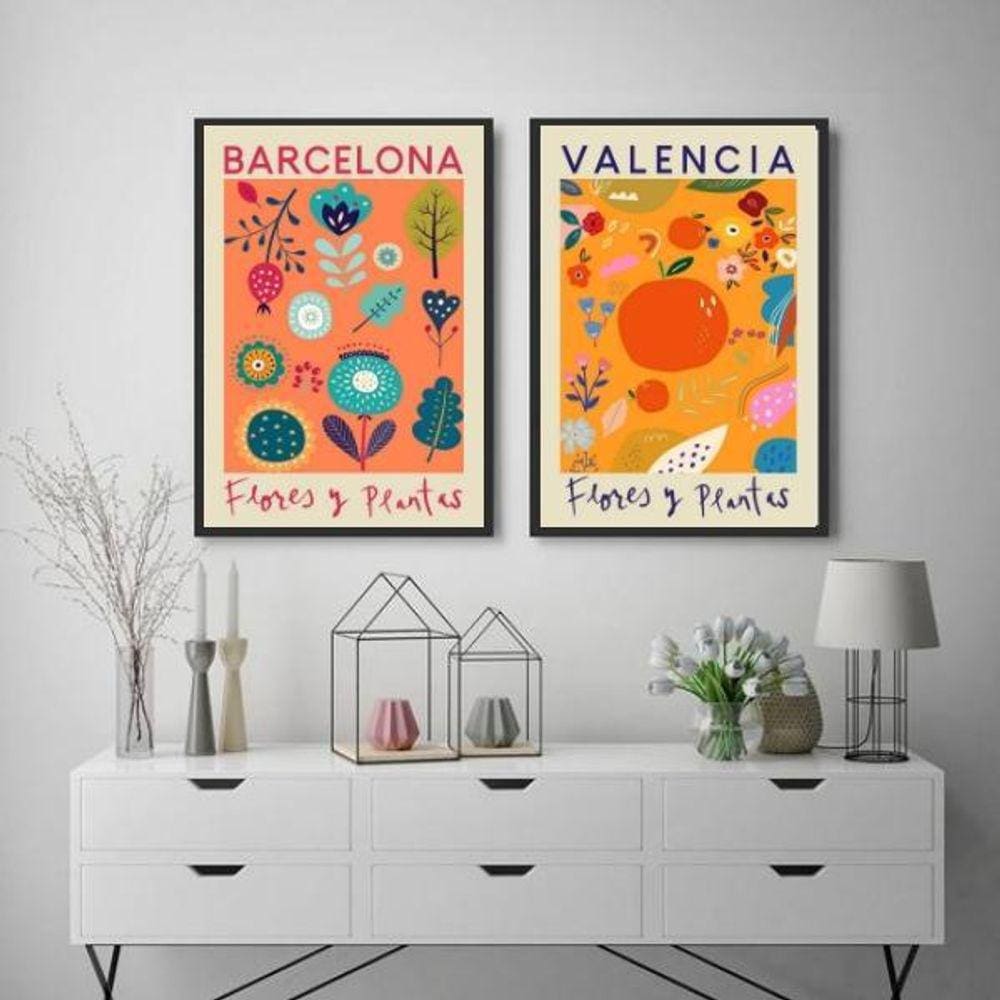 Kit 2 Quadros Flower Market - Valência E Barcelona 45X34Cm