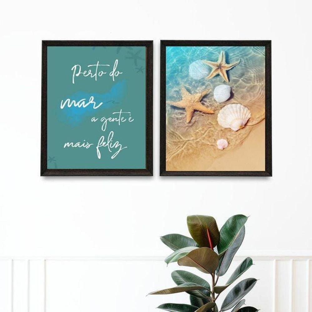 Kit 2 Quadros Praia Mar Felicidade - Conchas 45X34Cm