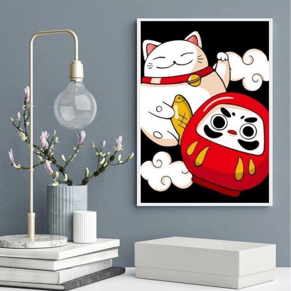Quadro Decorativo Maneki Neko E Daruma 24X18Cm - Com Vidro