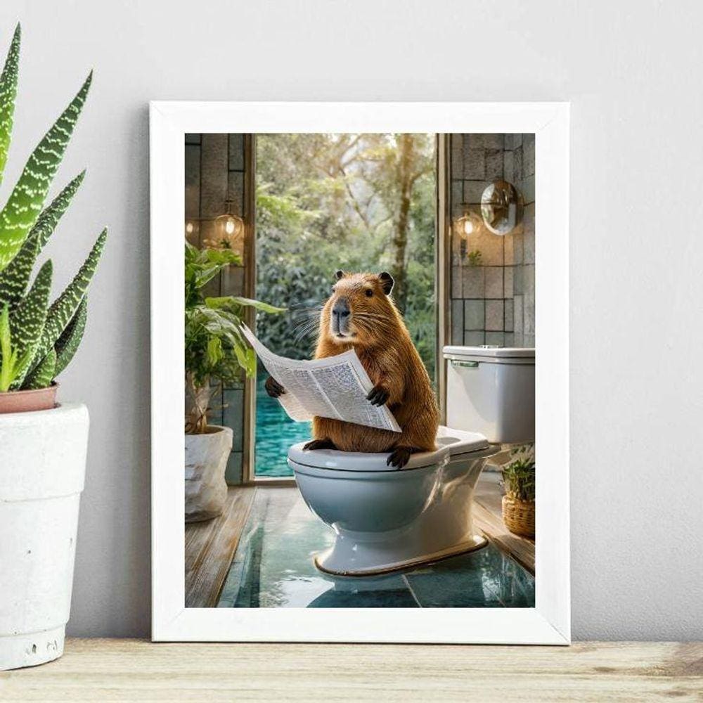 Quadro Capivara No Banheiro Lendo Jornal 33X24Cm - Com Vidro