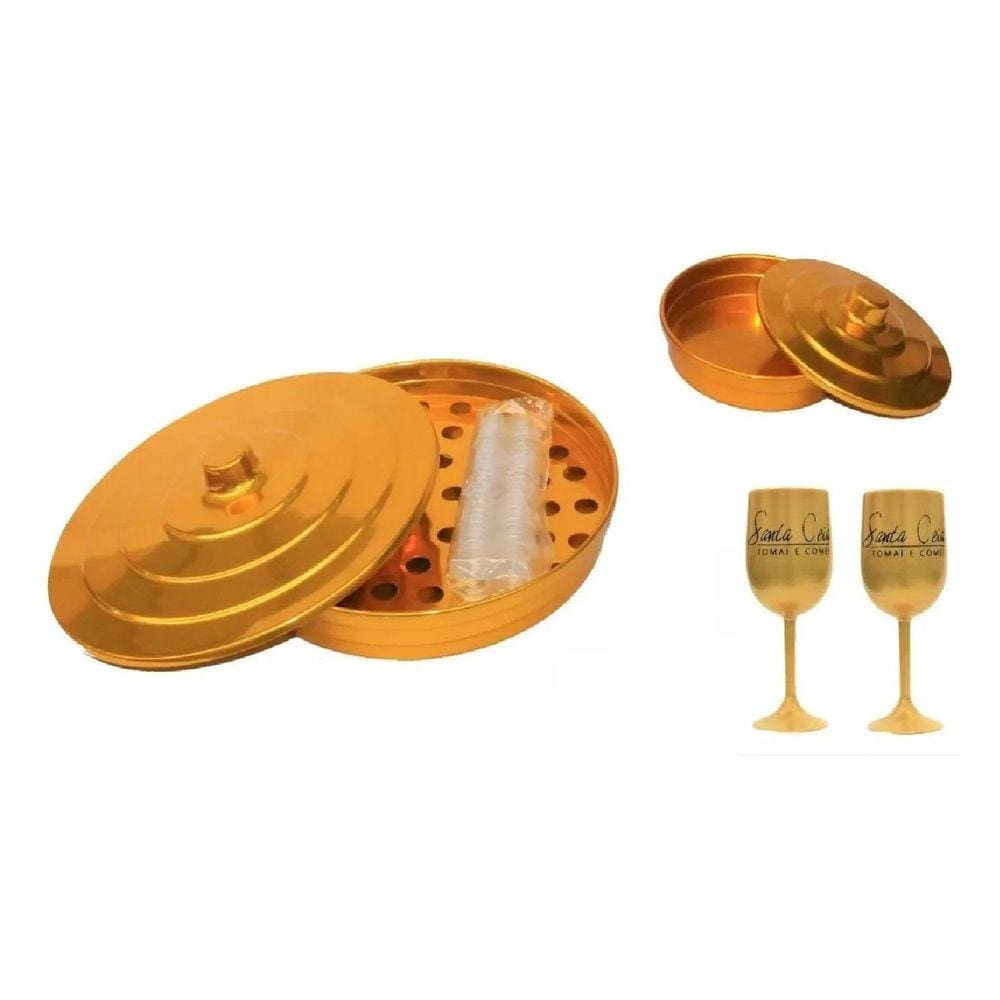 Kit Para Santa Ceia Com Duas Bandejas E Taças Douradas