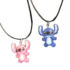 Kit 2 Colares Disney Lilo Stitch Azul E Rosa Anime Pingente