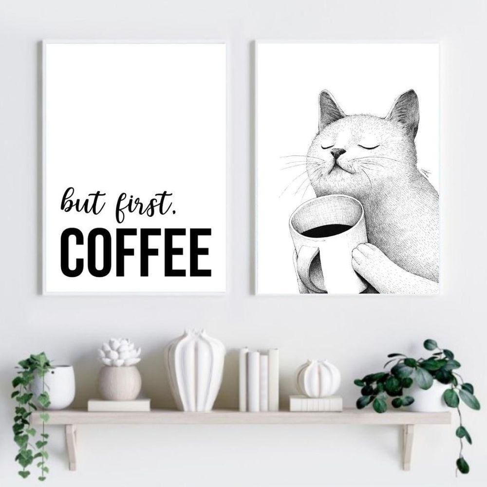 Kit 2 Quadros Café Gato - But First Coffee 60X48Cm