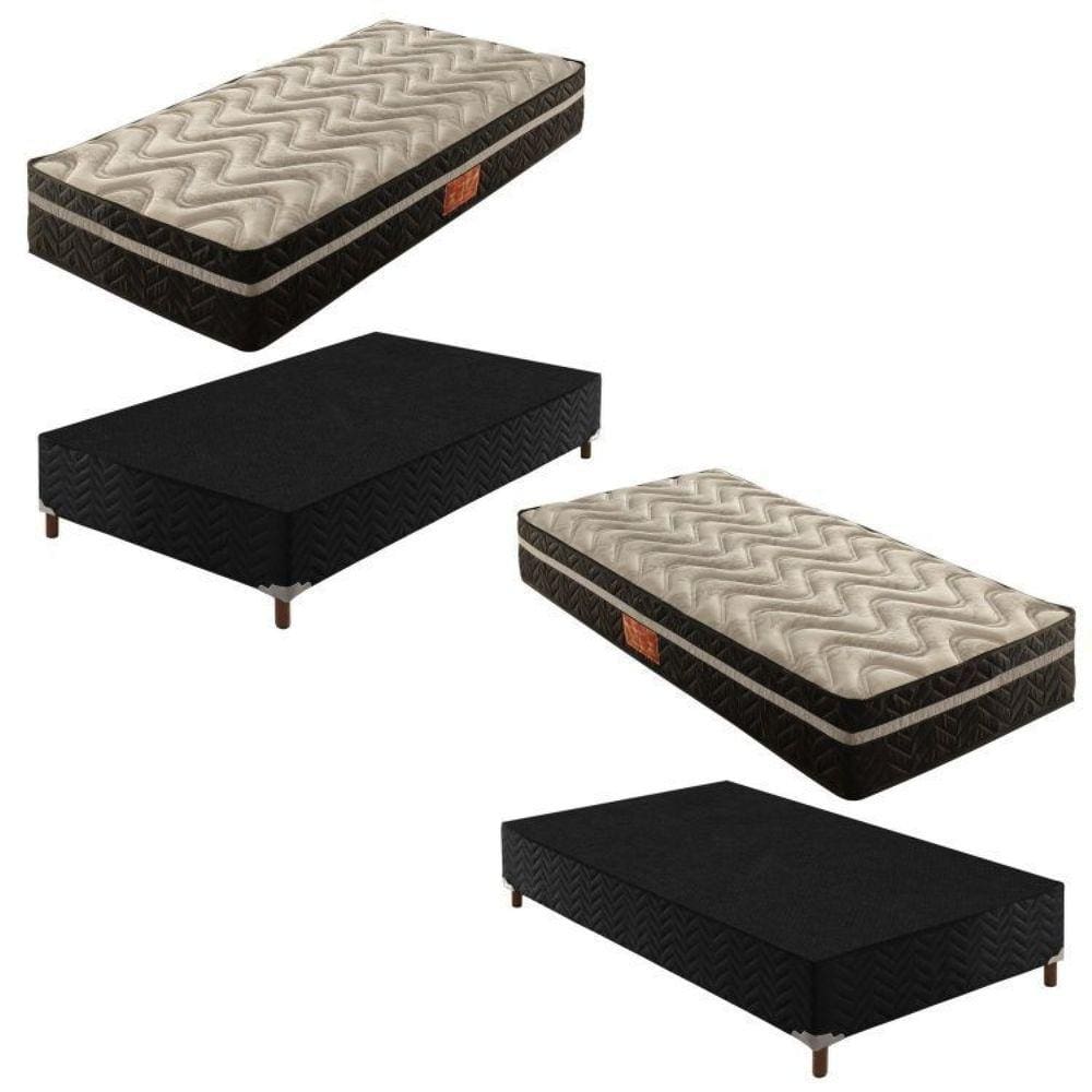 2 Bases Box Solteiro Íris 42x88x188cm com Kit com 2 Colchões Solteiro Molas Extrapedic Íris 28x88x18 Preto Elegancy