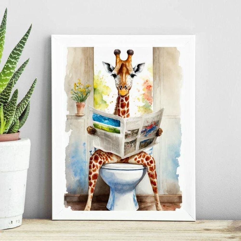 Quadro Banheiro Girafa Lendo Jornal- Aquarela 33X24Cm