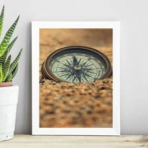 Quadro Fotografia Bússola Na Praia 24X18Cm - Com Vidro