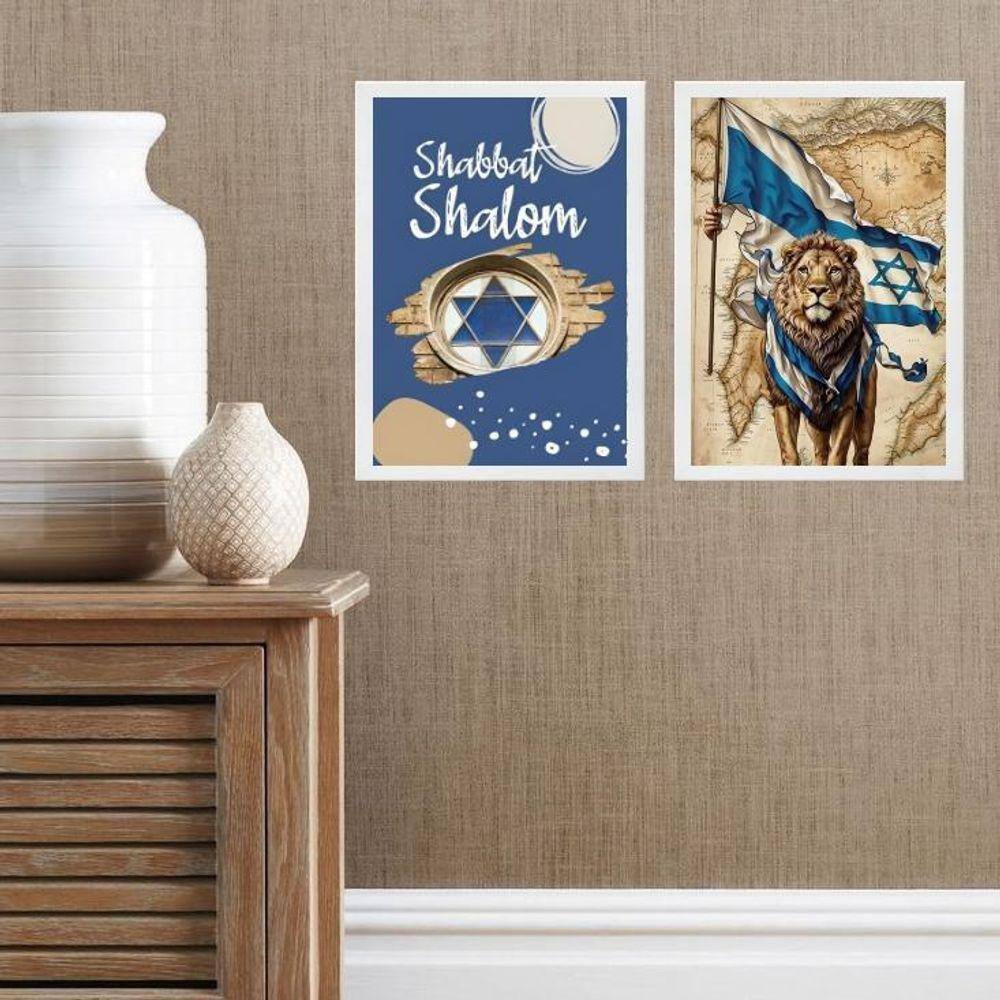 Kit 2 Quadros Shabbat Shalom - Leão 45X34Cm - Com Vidro