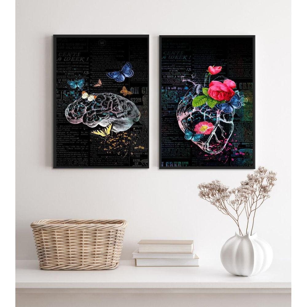 Kit 2 Quadros Cérebro Coração- Flores E Borboletas 24X18Cm