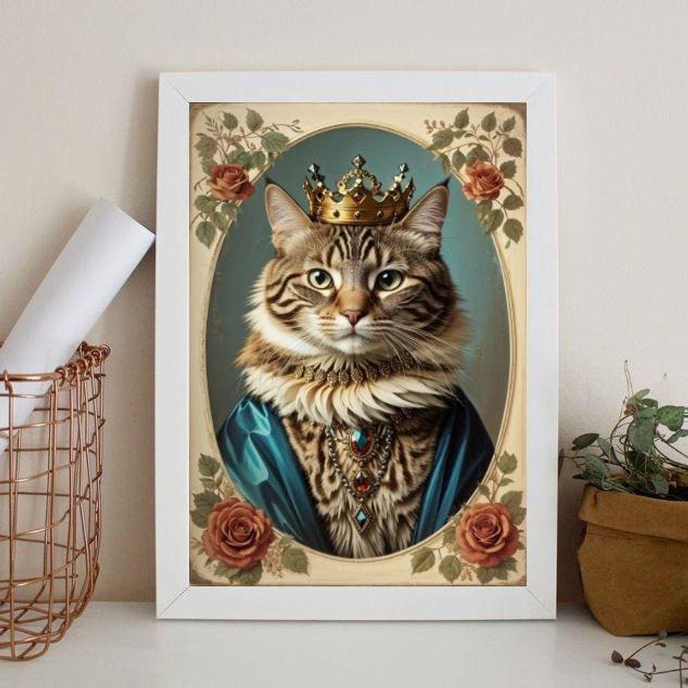 Quadro Vintage - Gatinha Rainha 24X18Cm - Com Vidro