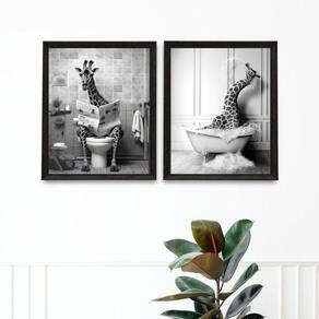Kit 2 Quadros Decoração Banheiro - Girafas 45X34Cm - Vidro