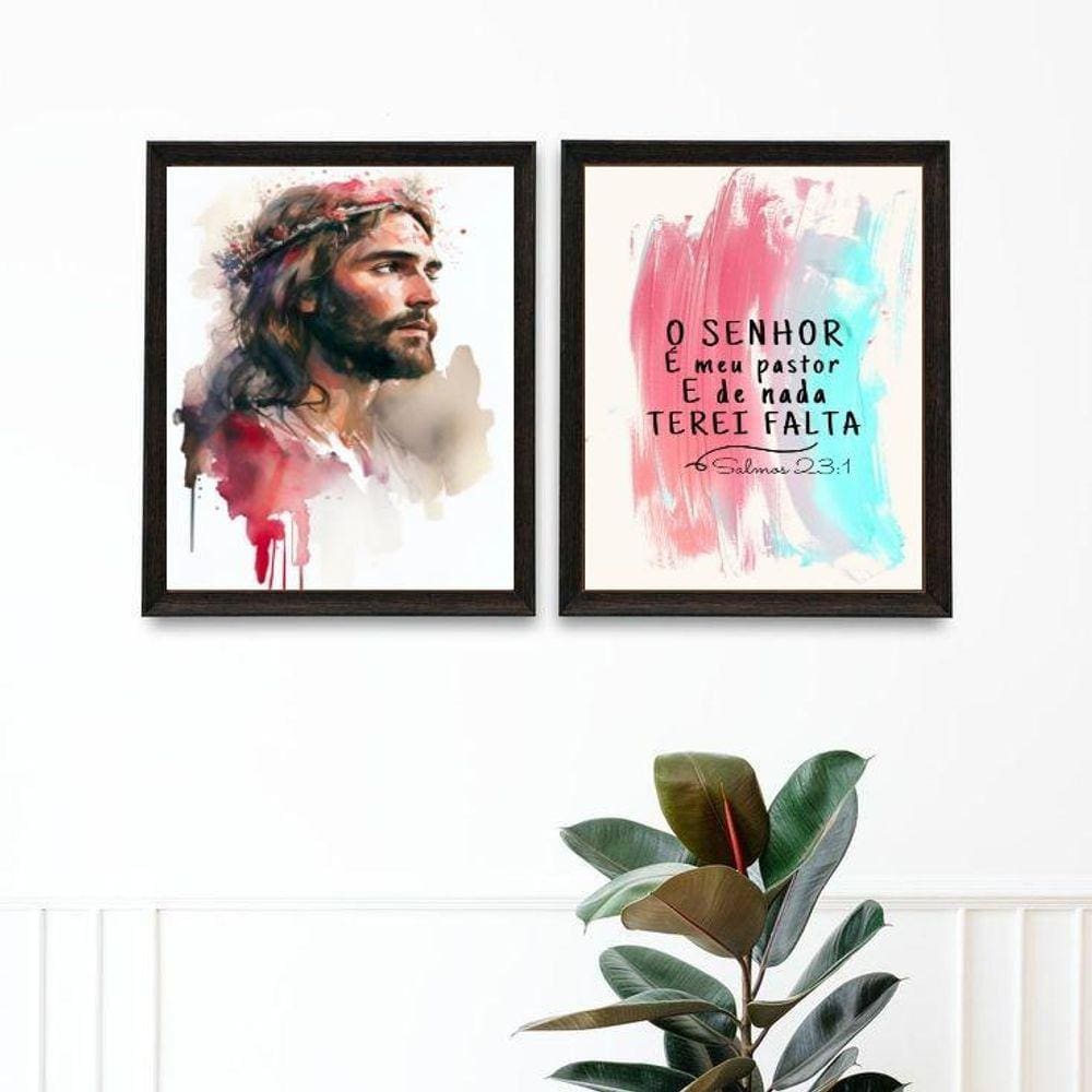 Kit 2 Quadros O Senhor É Meu Pastor - Aquarela 33X24Cm - Com Vidro