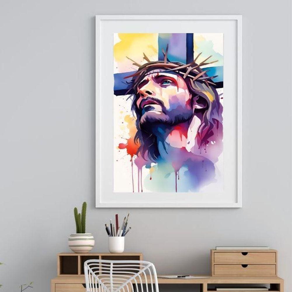 Quadro Jesus Cruz Aquarela- 60X48Cm