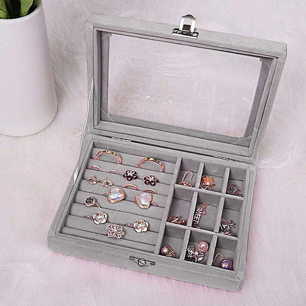 Porta Joias Tampa Vidro Organizador Veludo Divisória Cinza