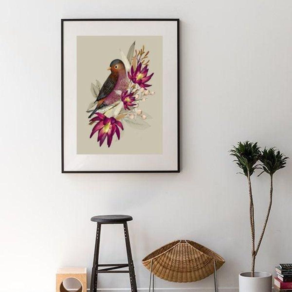 Quadro Passarinho E Flores Magenta - 60X48Cm