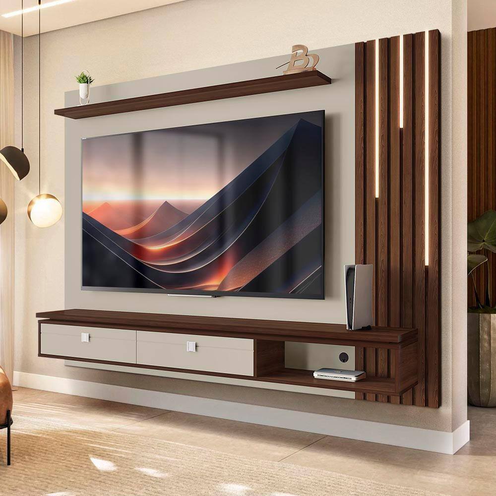 Painel Home Suspenso Ripado LED TV Até 80 Polegadas Off White Nogal Hit Shop JM - Off White