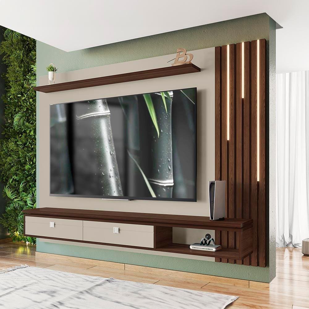 Painel Ripado Com LED TV Até 80 Polegadas Off White Nogal Hanôver Bechara - Off White