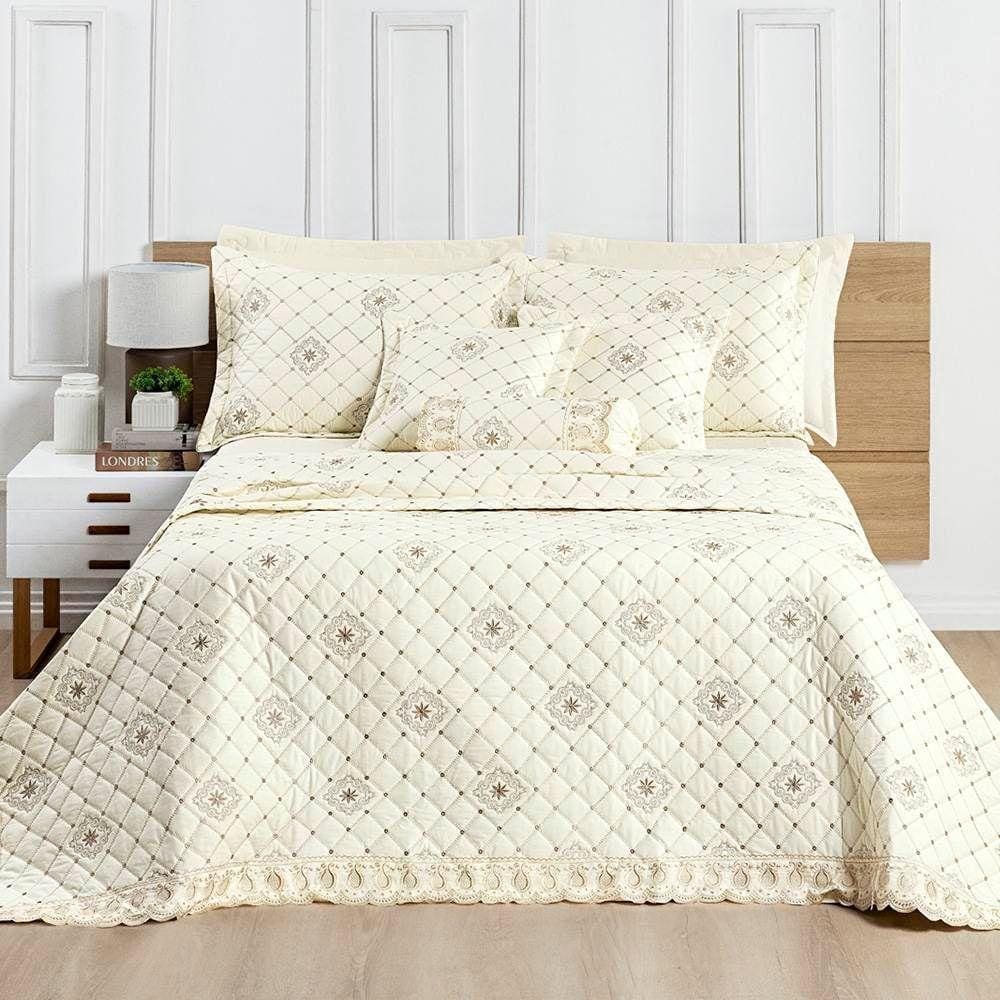 Cobre Leito Casal Padrão Royale Percal 200 Fios Algodão 6 Peças Vanilla