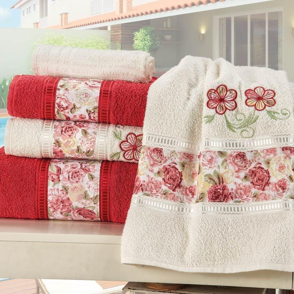 Jogo De Banho Passione Bordado Algodão 5 Peças Vermelho-palha